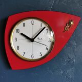 Vintage formica clock silent wall clock asymmetrical "Flash transistor red flower"