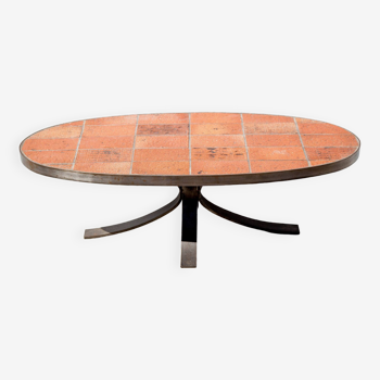 Jean Jaffeux coffee table, glazed lava stone table with wrought iron structure, 60's