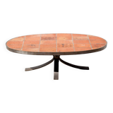 Jean Jaffeux coffee table, glazed lava stone table with wrought iron structure, 60's