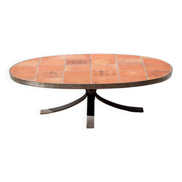 Jean Jaffeux coffee table, made of enamelled lava stone with a wrought iron structure, 60s.