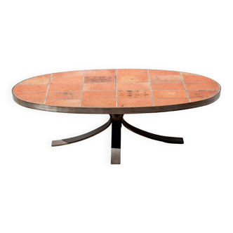 Jean Jaffeux coffee table, glazed lava stone table with wrought iron structure, 60's