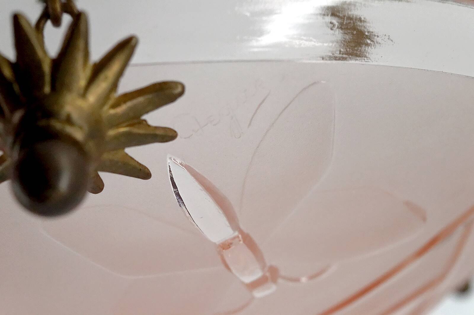 Bronze and glass pendant light with butterfly decoration, Degué, France, 1930