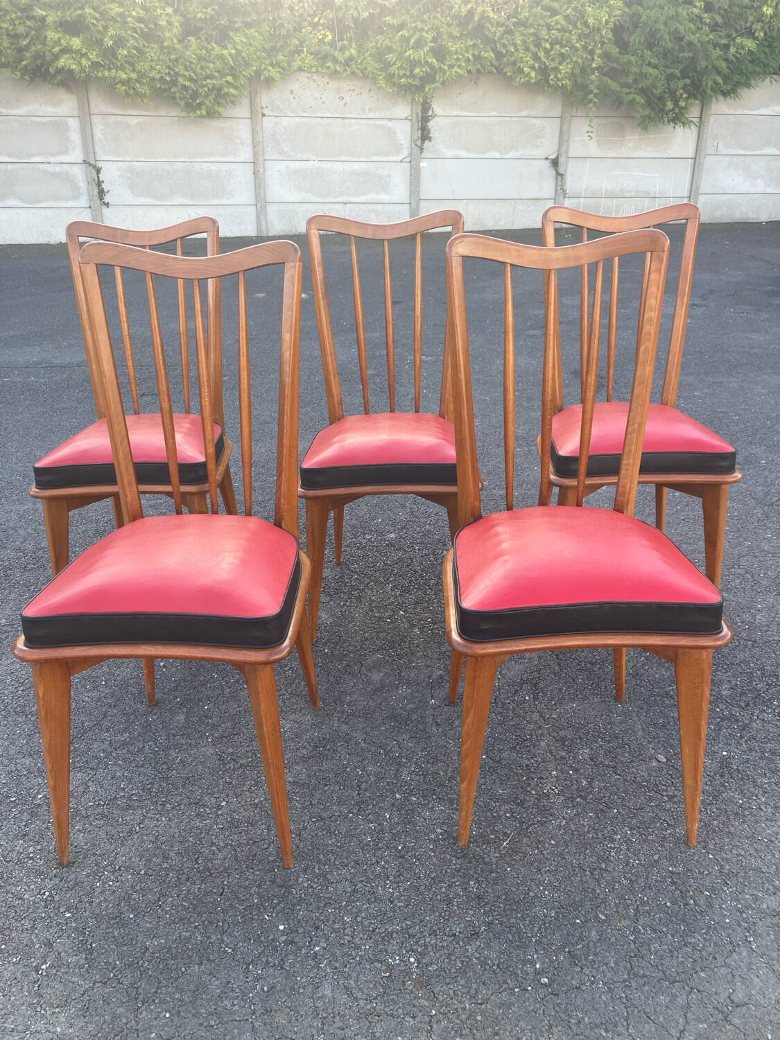 Set of five bistro chairs in wood and imitation leather, Charles Ramos Baumann style