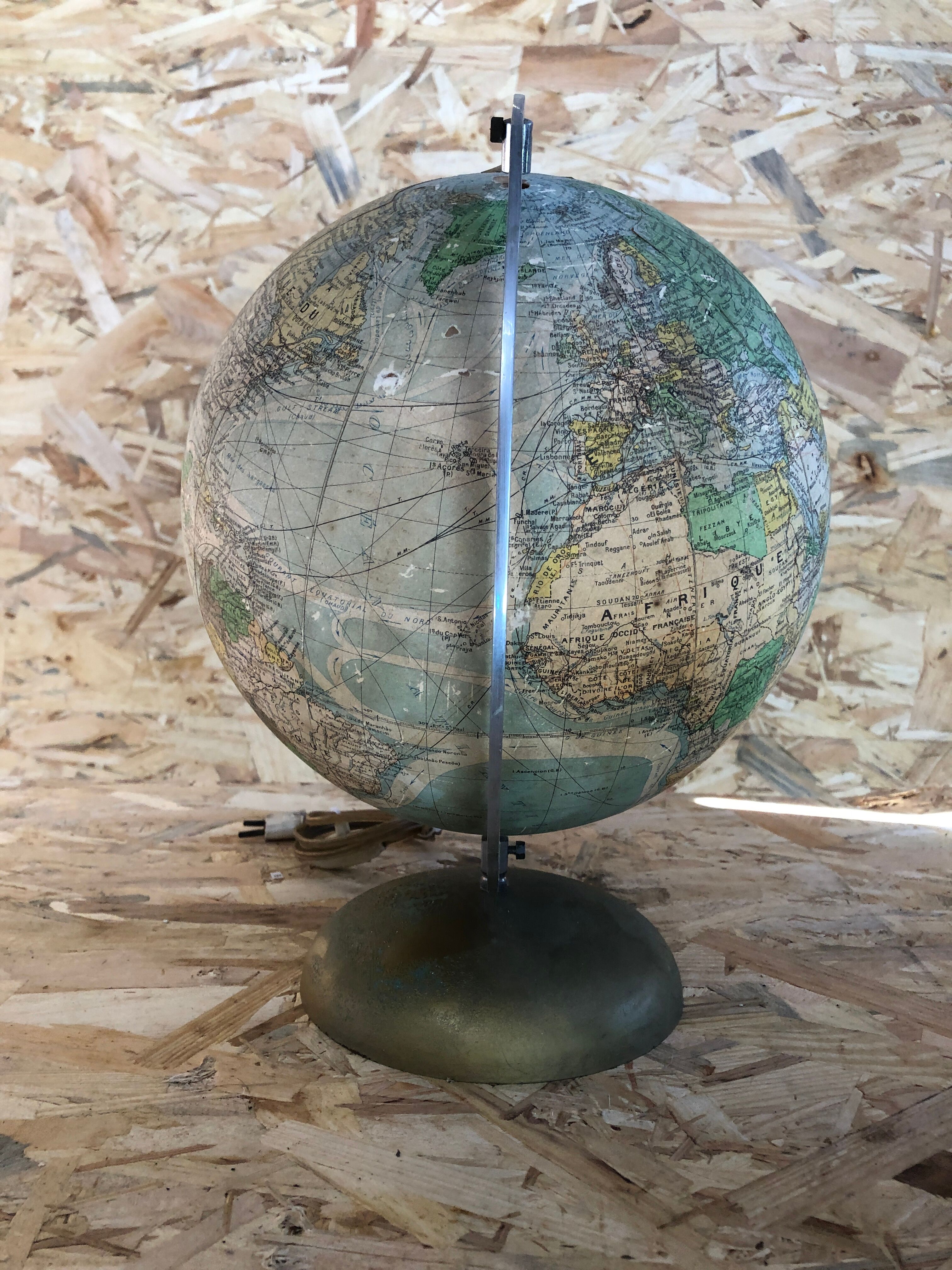 Old terrestrial globe world map perrina paris glass vintage metal foot