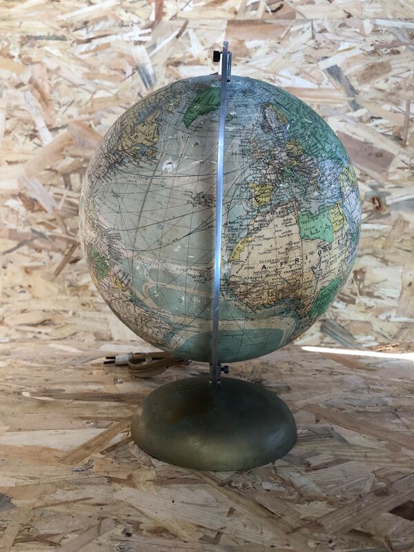 Ancien globe terrestre mappemonde perrina paris verre pied métal vintage