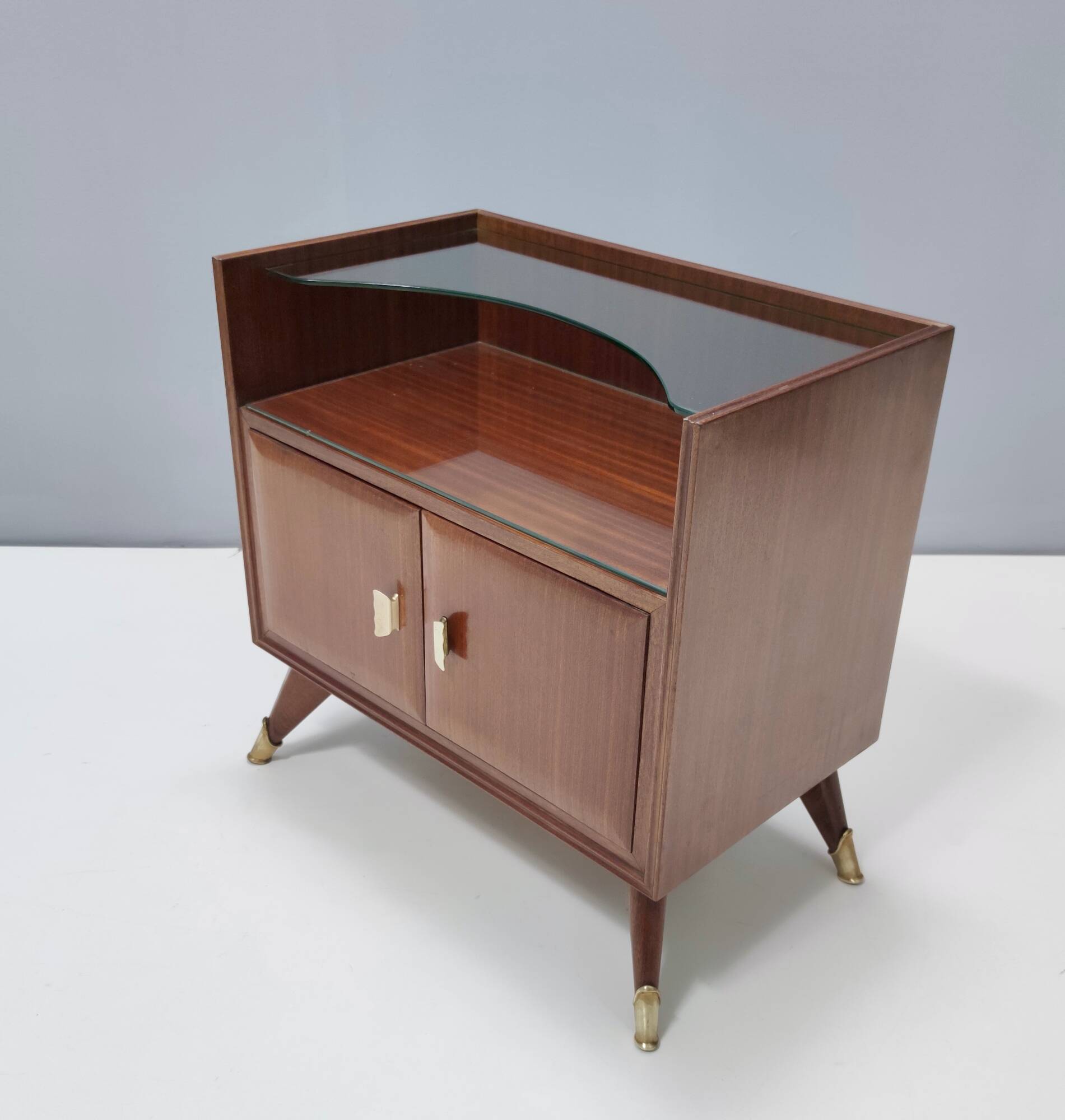 Pair of Elegant Walnut Nightstands with a Crystal Top Shelf