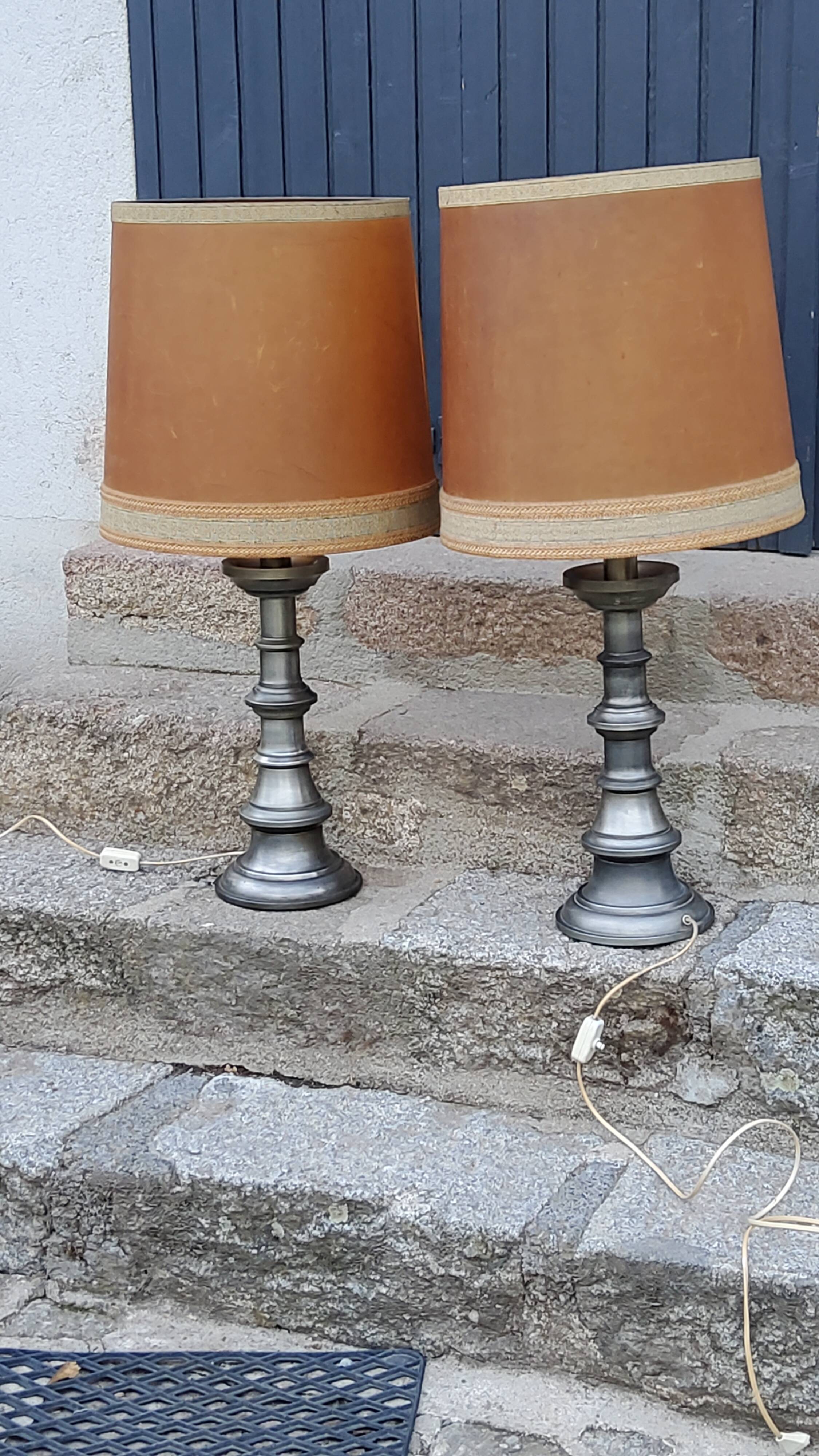 Pair of 70s Kaiser Leuchten lamps in brushed metal with original shades