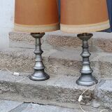 Pair of 70s Kaiser Leuchten lamps in brushed metal with original shades
