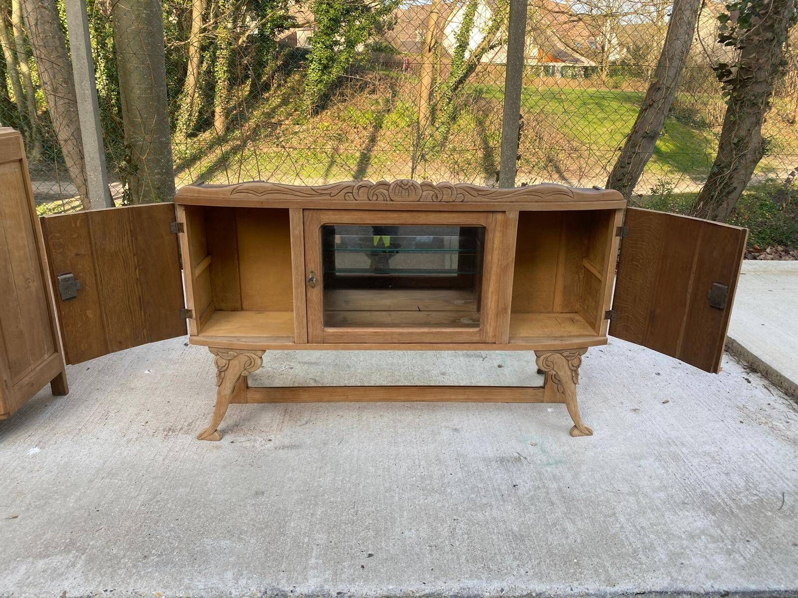 Parisian art deco 2-part buffet renovated in solid oak and marble 1940
