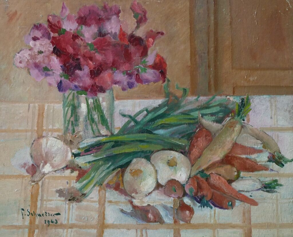 Still life with vegetables and flowers