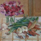 Still life with vegetables and flowers