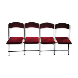 Suite of 4 folding chairs Opera velvet red carmine and brass structure Vintage