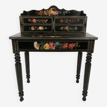 Bonheur du jour in black lacquered wood with rich painted decorations of flowers and birds, Napoleon III