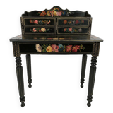 Bonheur du jour in black lacquered wood with rich painted decorations of flowers and birds, Napoleon III