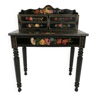 Bonheur du jour in black lacquered wood with rich painted decorations of flowers and birds, Napoleon III
