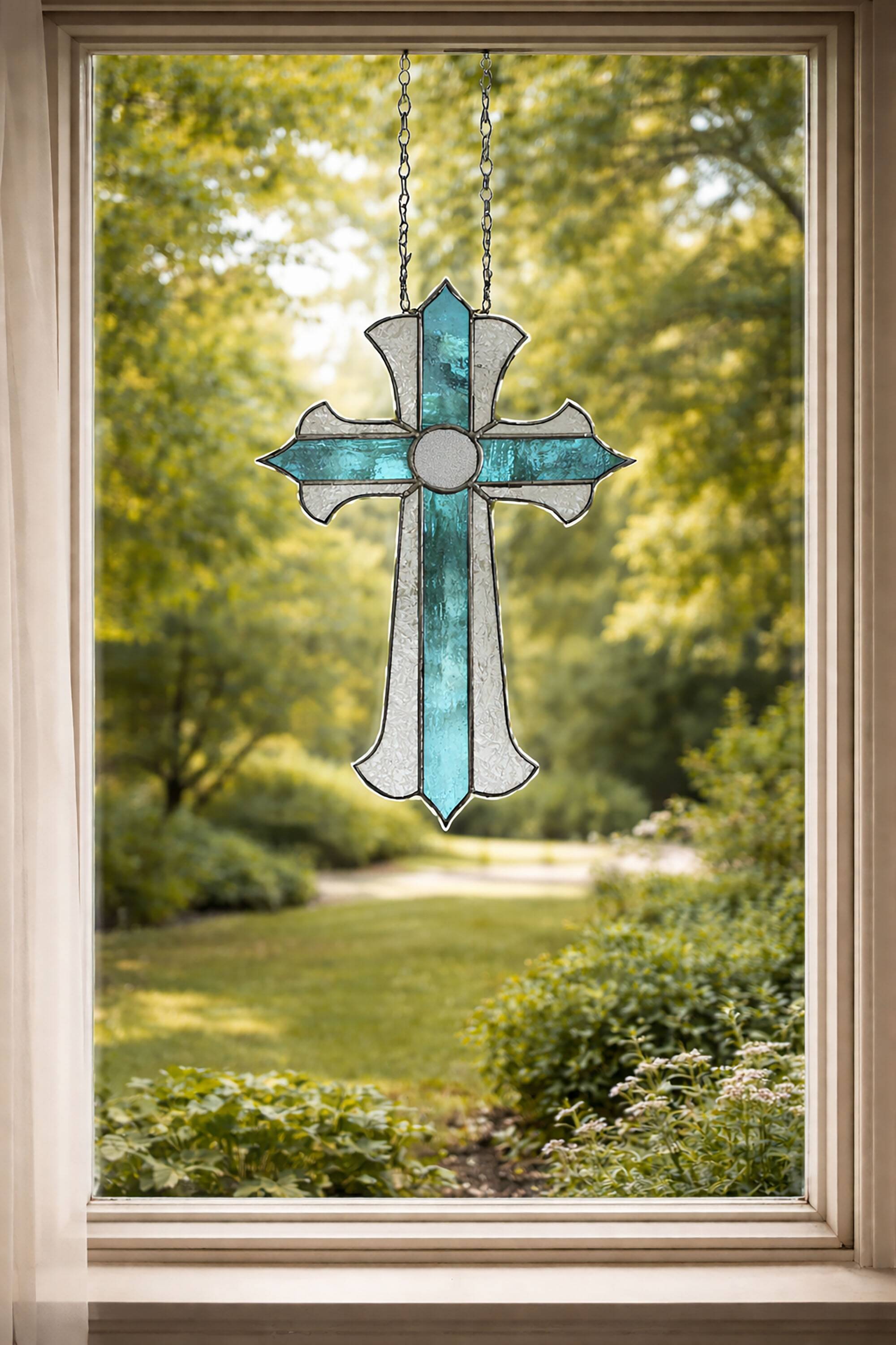 Croix en vitrail – Style Tiffany fait main, décoration murale