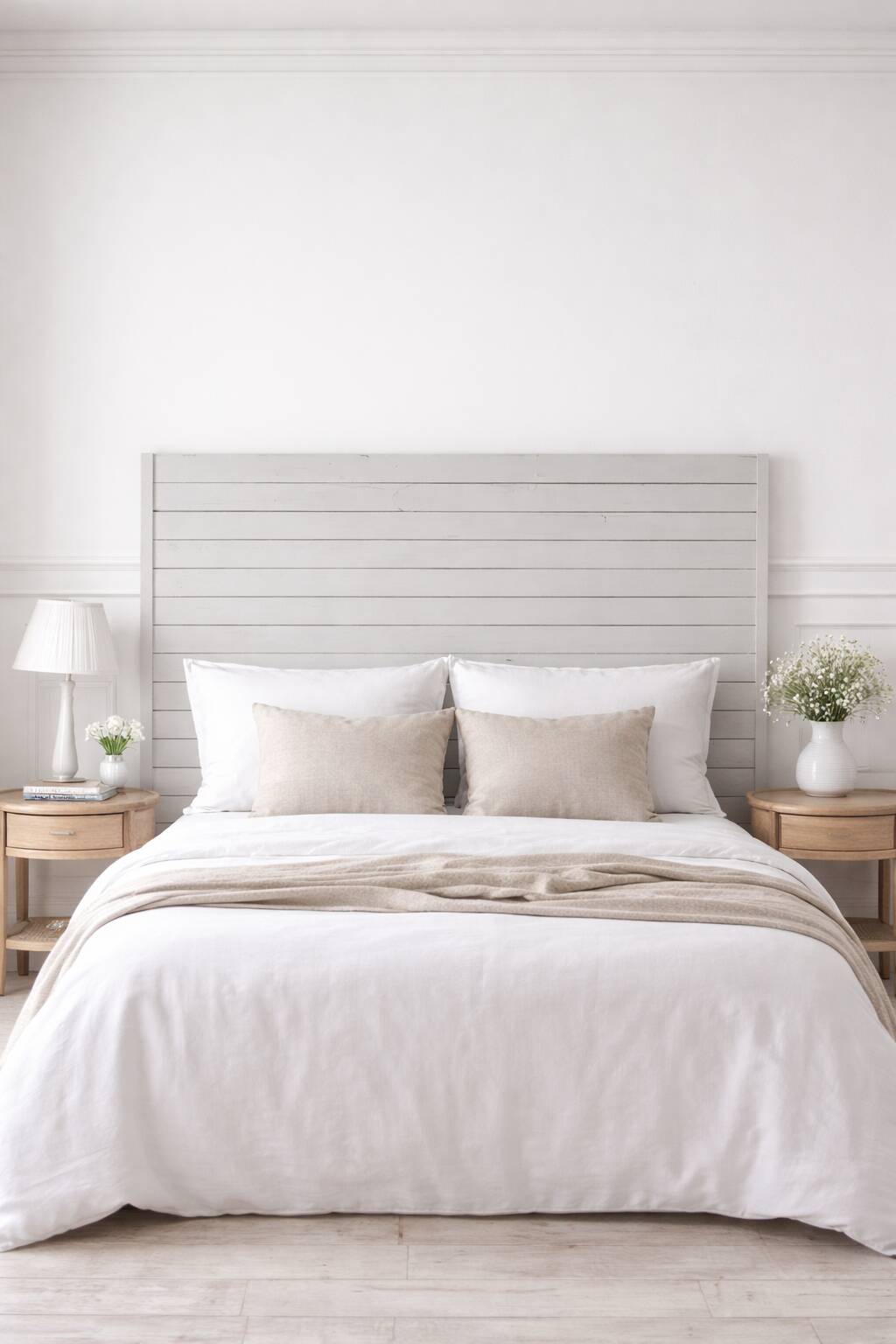 Headboard of 160 made with aged wood in pearl grey patina.