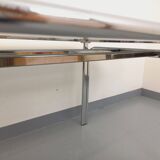 Vintage oval dining table in smoked glass and chrome metal, Space Age style.