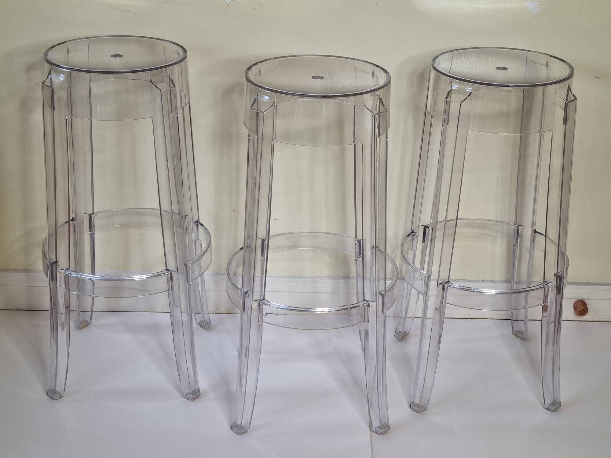 Set of 3 transparent Charles Ghost stools by Philippe Starck for Kartell, 65 cm