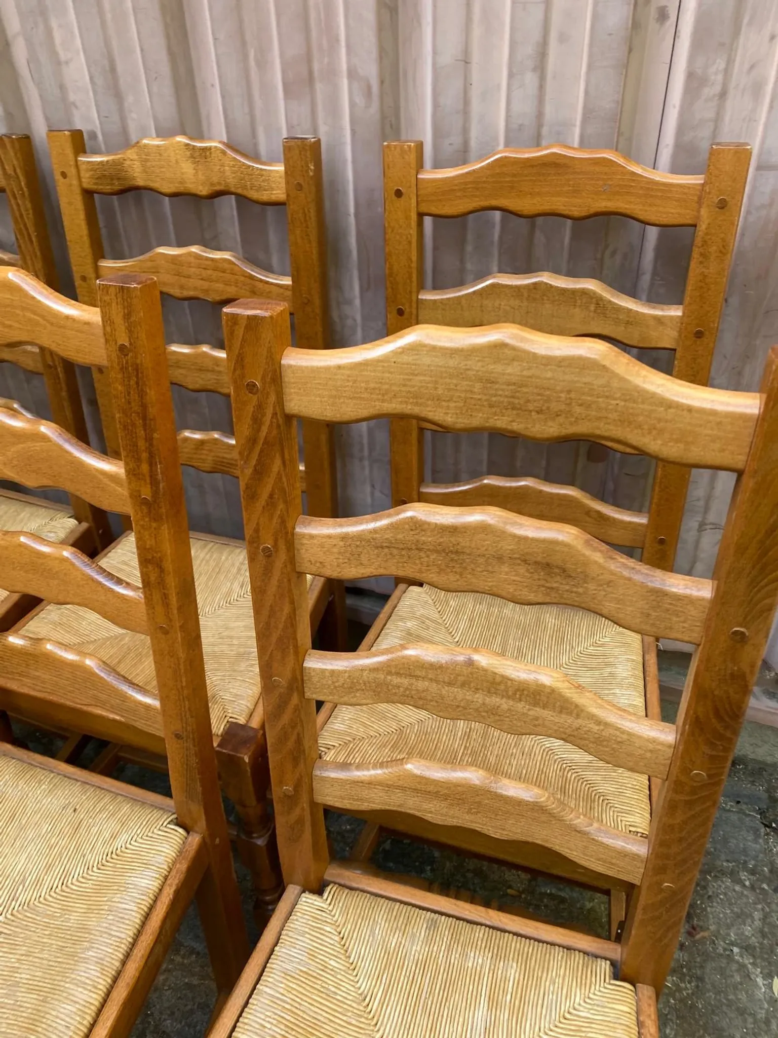 6 Rustic Oak and Straw Chairs — 1970s Country Style