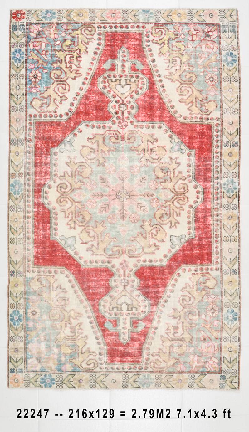 4x7 Red & Cream Antique Vintage Rug, 129x216Cm SK 22247