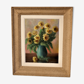 Painting bouquet of yellow daisies signed Auguste Boiteux