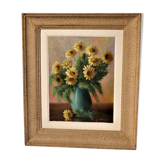 Painting bouquet of yellow daisies signed Auguste Boiteux