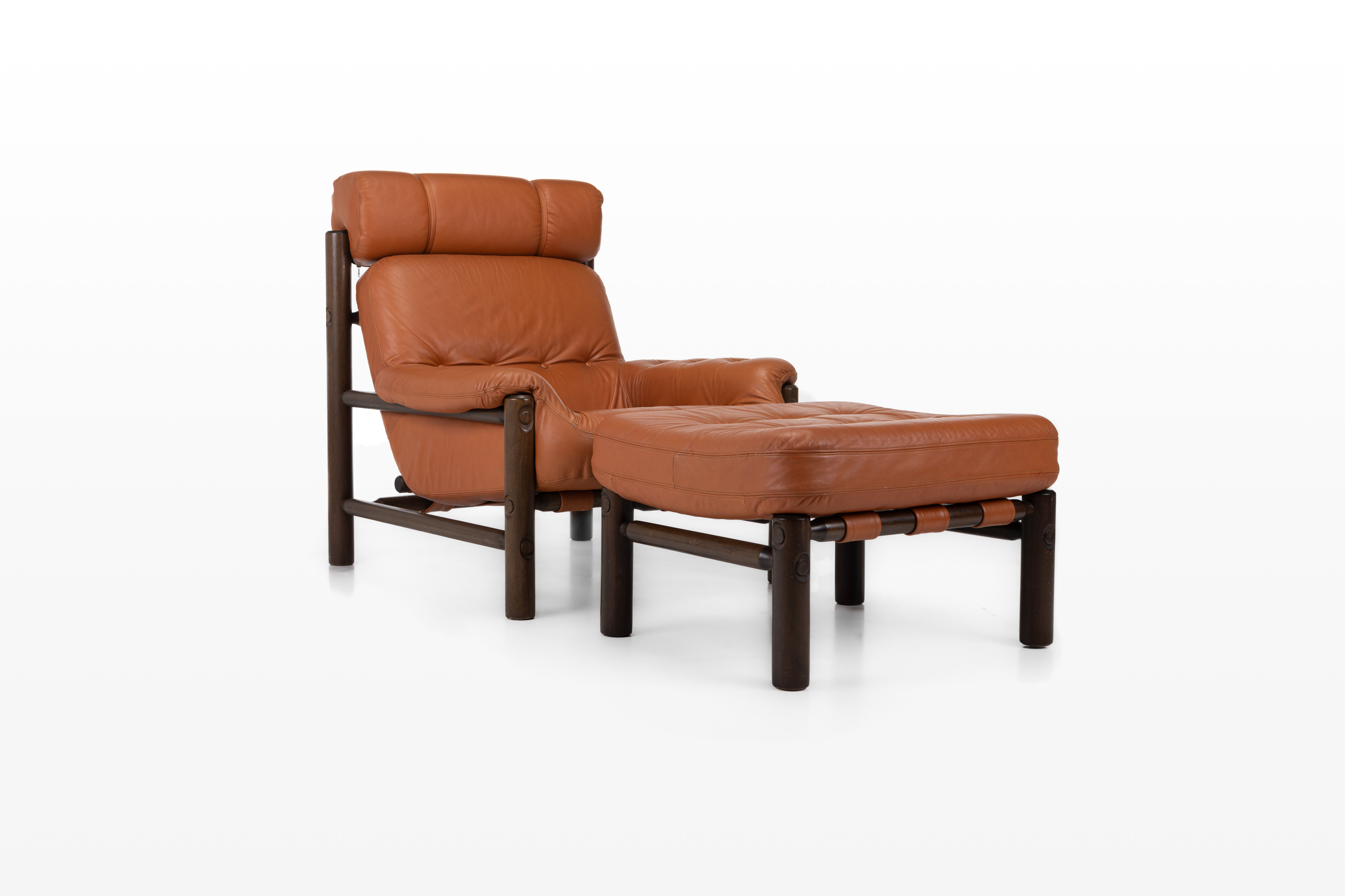 Brutalist Lounge Chair and Ottoman in Cognac Leather , 1970s