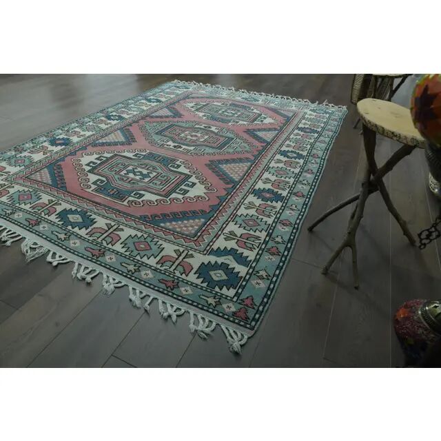 1970s Vintage Turkish Oushak Handmade Wool Cotton Pink Area Rug  192x256