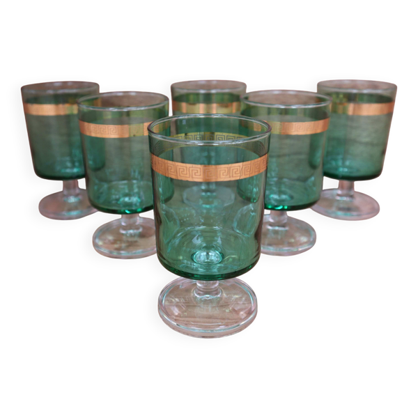6 verres à eau à pied vert émeraude liseré doré Luminarc