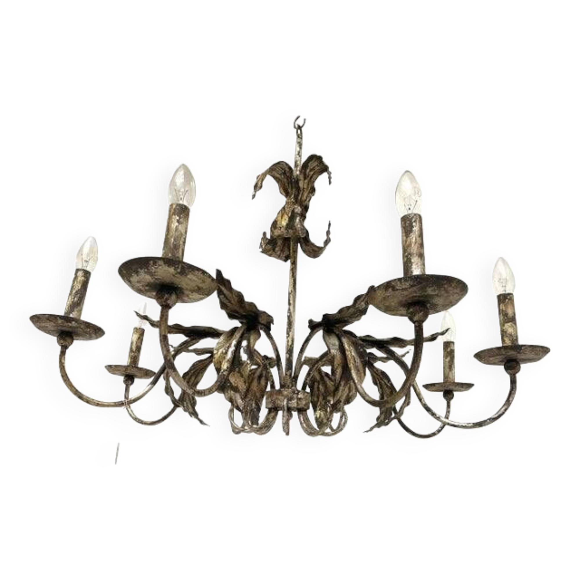 Contemporary brunish-silver florentine wrought iron chandelier