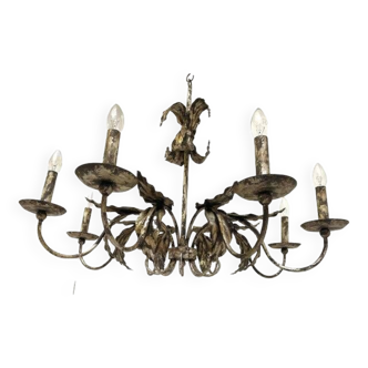 Contemporary brunish-silver florentine wrought iron chandelier