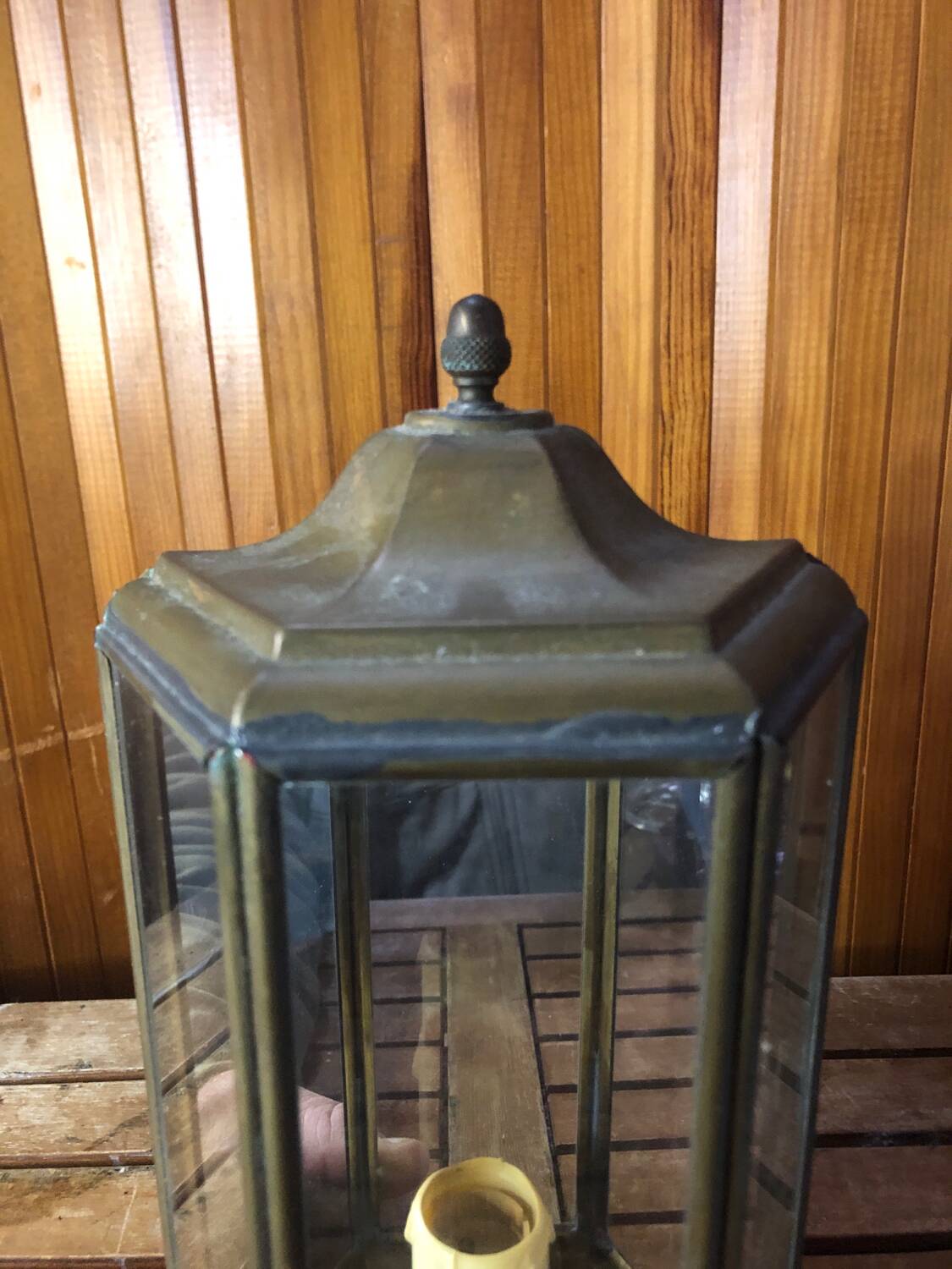 Old Brass Lantern Wall Lamp with Mirrored Background + Vintage Glass Plates