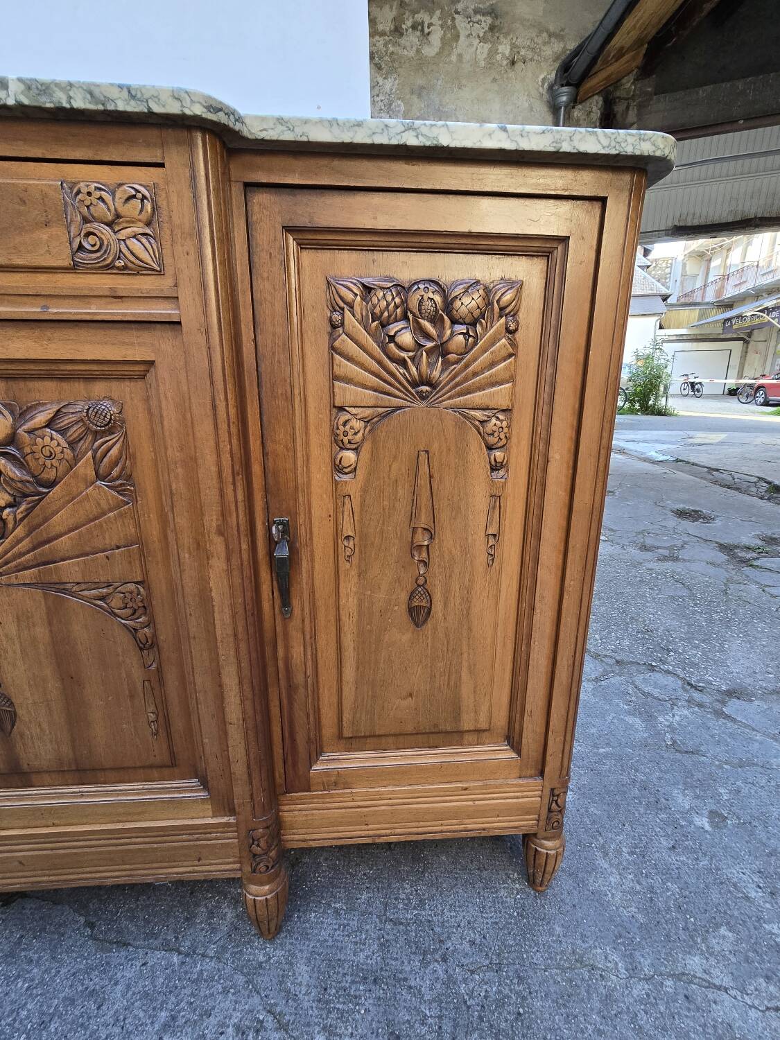 Solid wood carved sideboard with marble top, Art Nouveau style