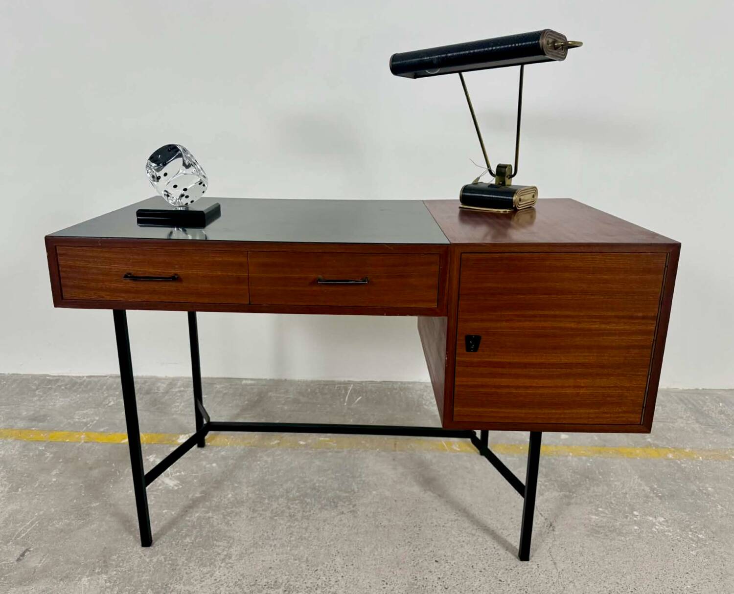 French modernist desk from the 1950s with 2 drawers, 1 cabinet, and 1 container.