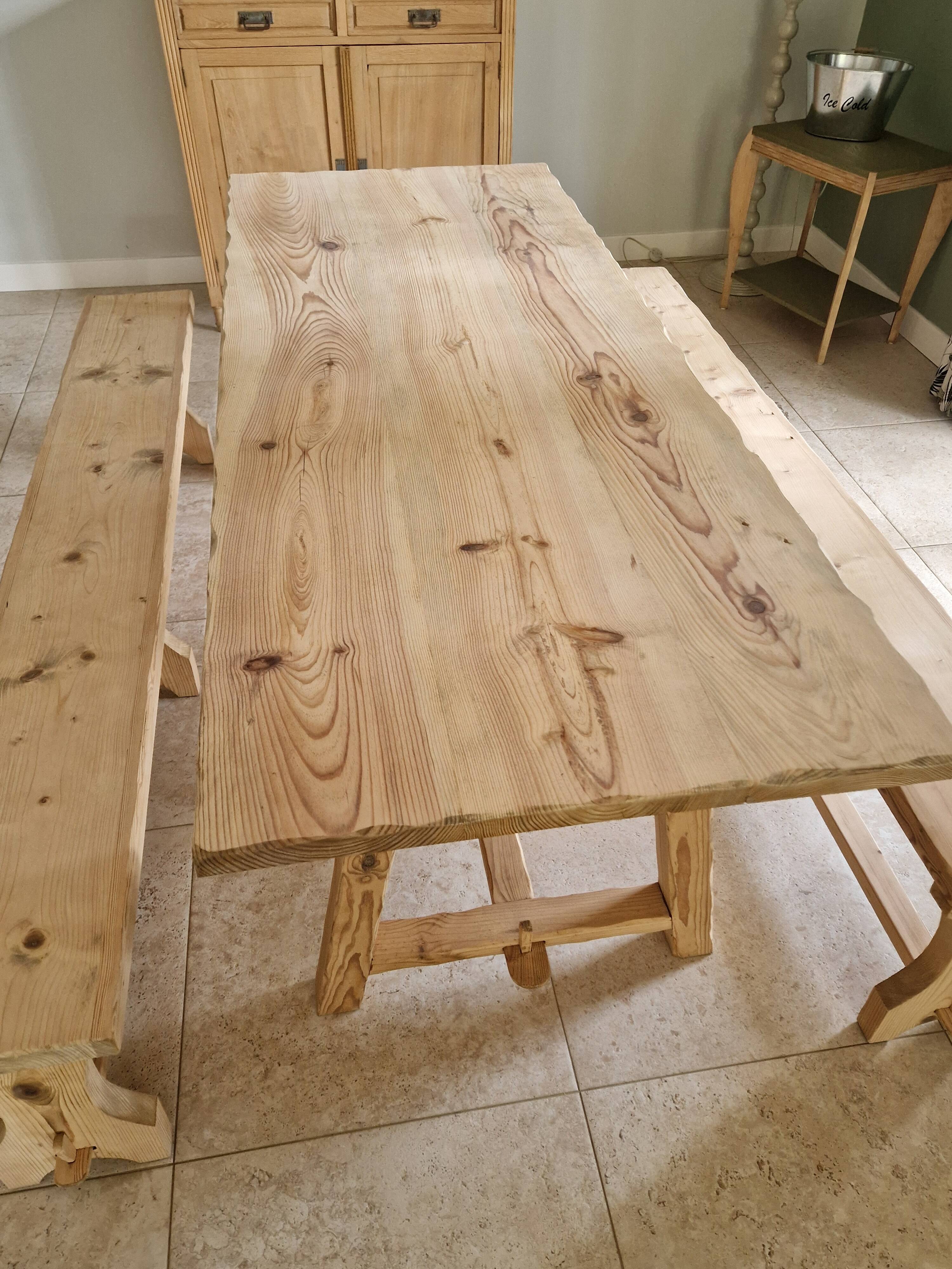 farm table and wooden benches