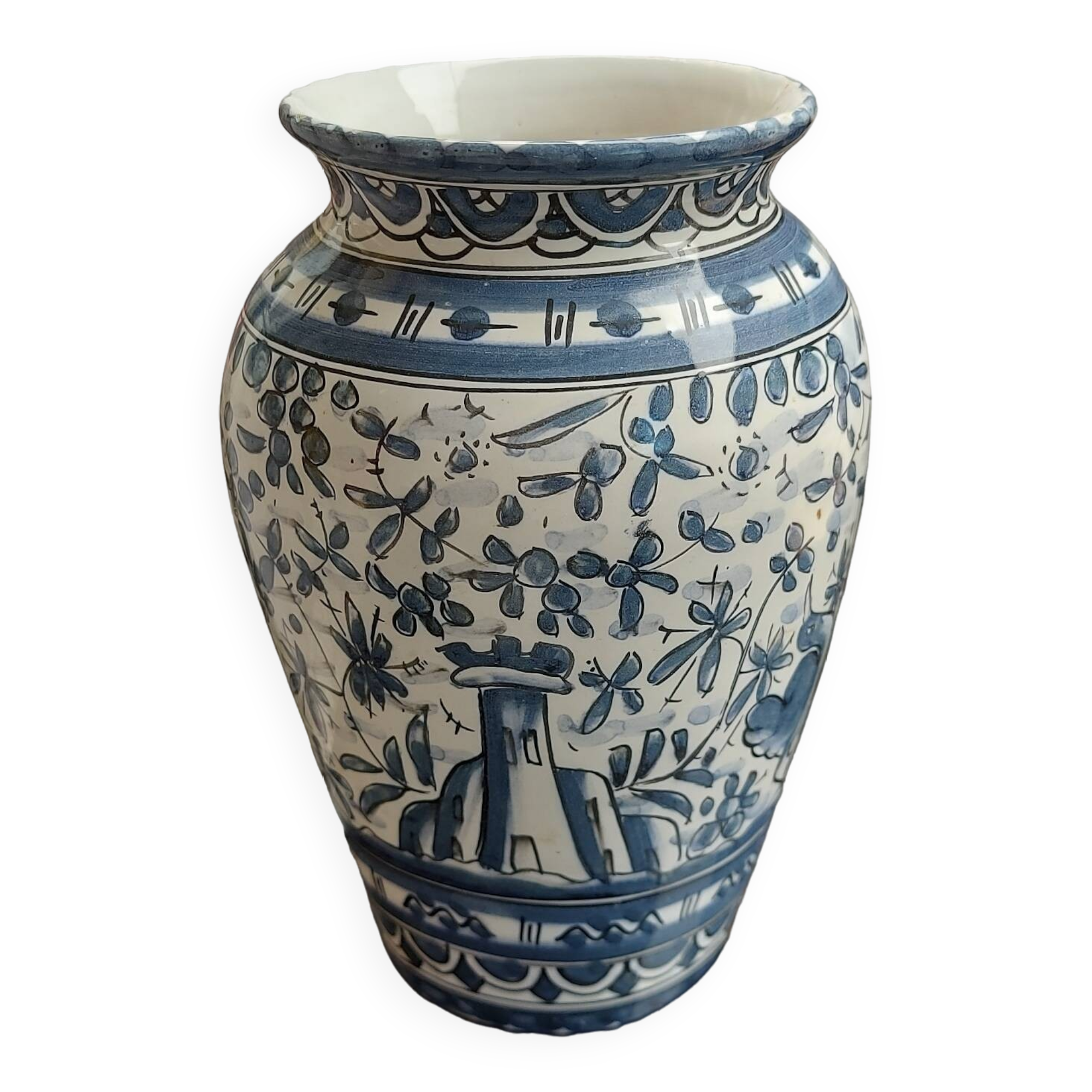 Handmade blue deco earthenware vase signed from Portugal