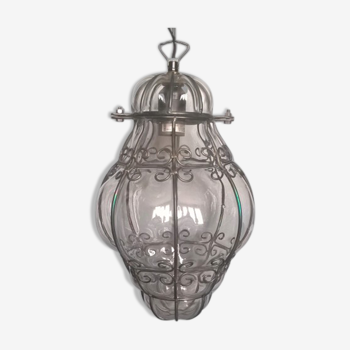 Venetian steel cage lantern and mouth-blown glass - 70's