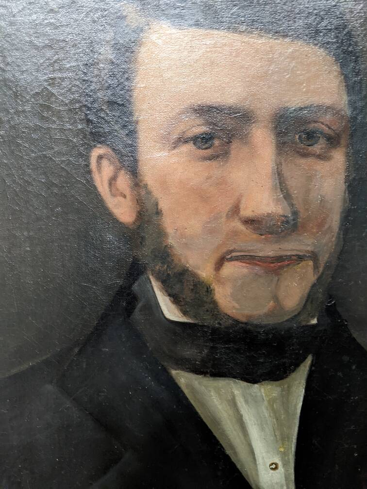 Old oil painting on octagonal canvas portrait countryside decoration