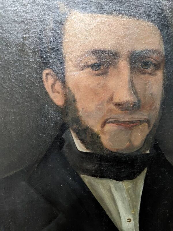 Tableau ancien huile sur toile octogonale portrait décoration campagne