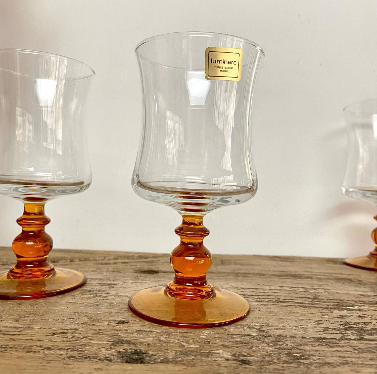 6 vintage amber stemmed glasses