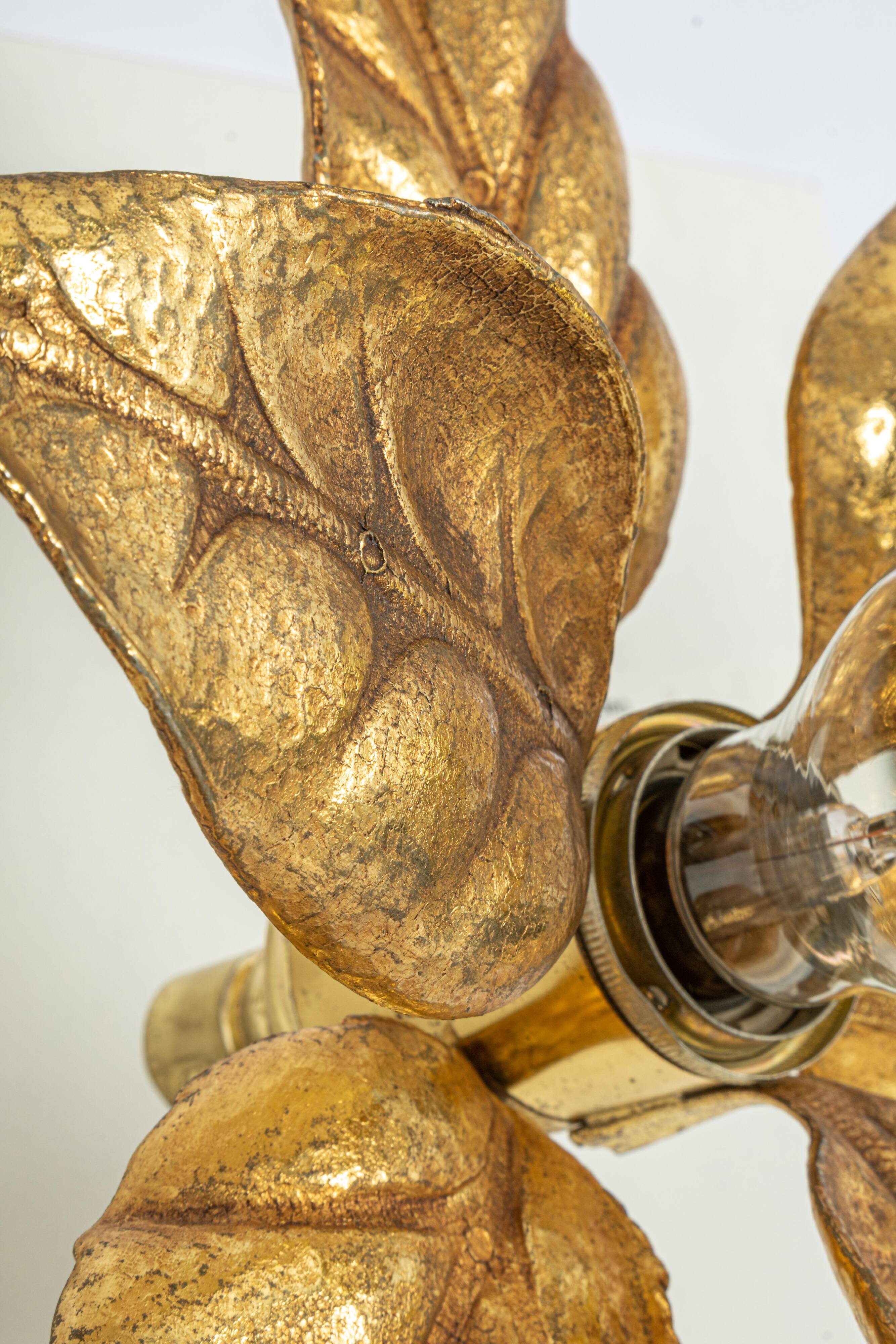 Large double flower wall sconces in brass, Willy Daro style, 1970s.