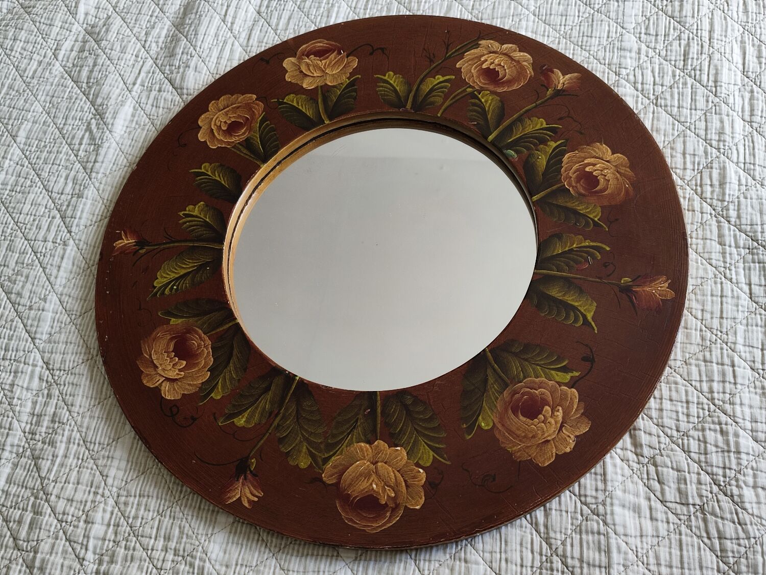 Vintage hand painted wooden round wall mirror