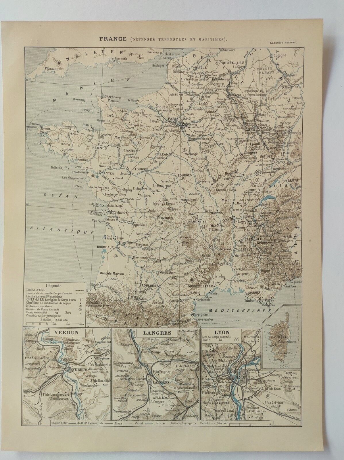 Gravure ancienne • Carte de France de la Défense • Affiche originale et vintage de 1909