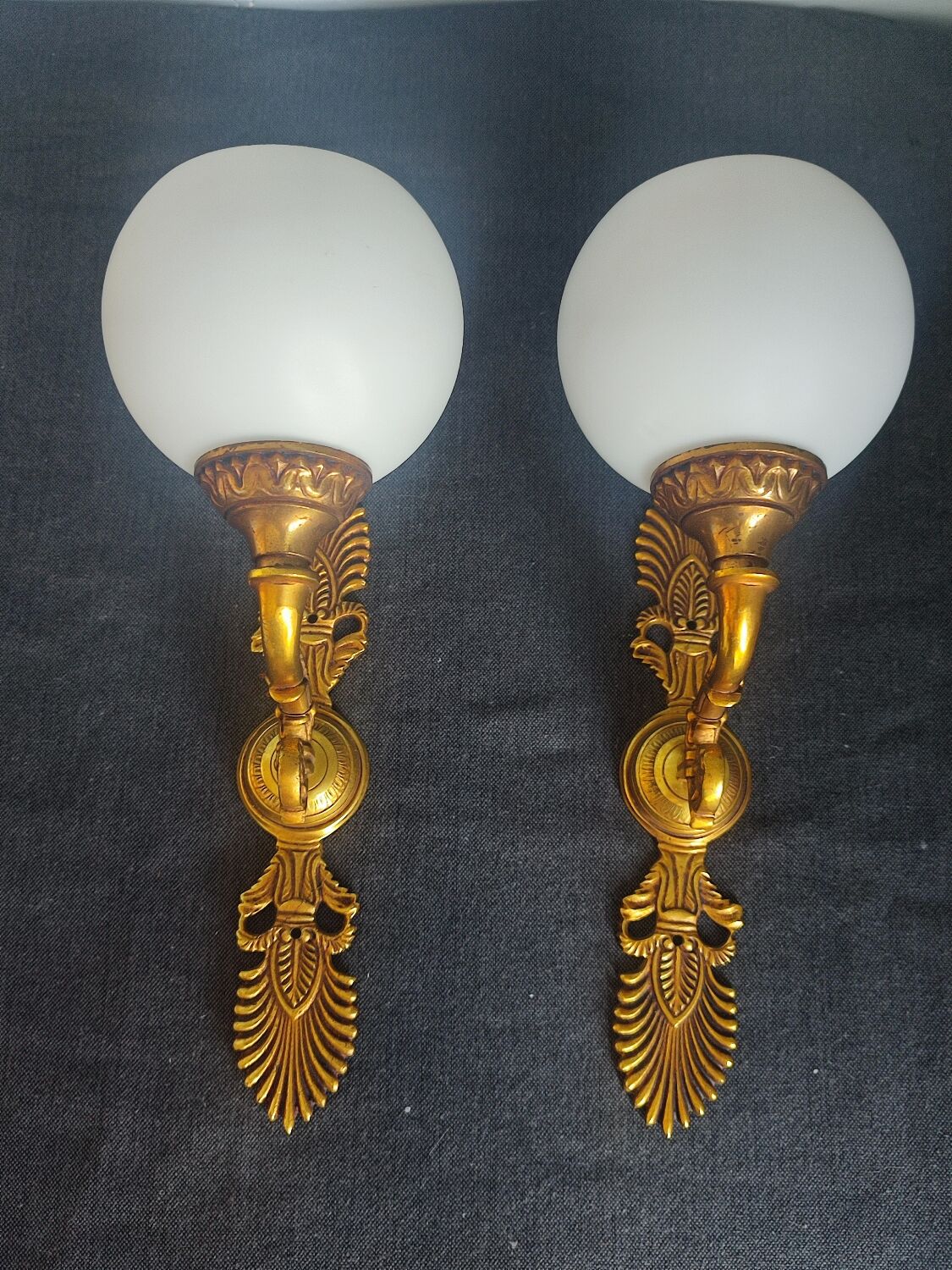 Pair of vintage brass and opaline wall lights