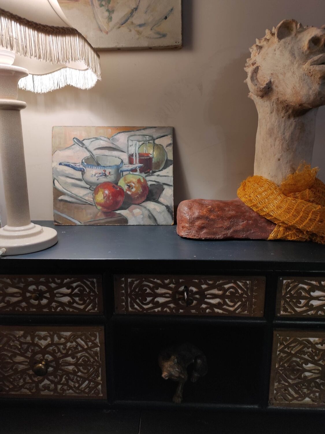 Still life with apples and oil bowl on cardboard 30s