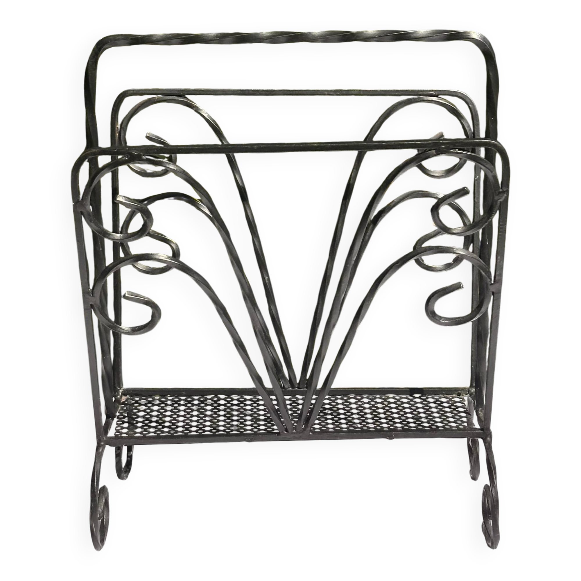 Vintage twisted wrought iron magazine or record holder - magazine rack