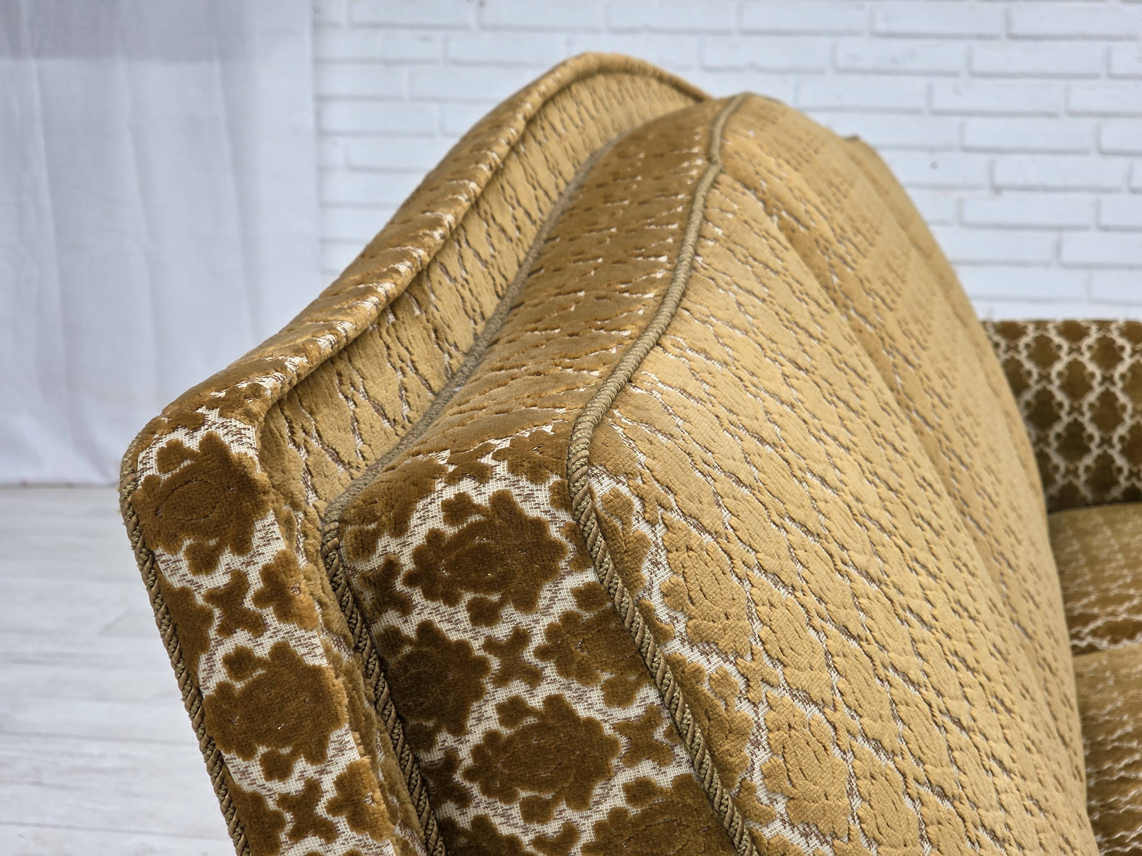 1950s, Danish 3-seater sofa, furniture velour, carved ash wood.