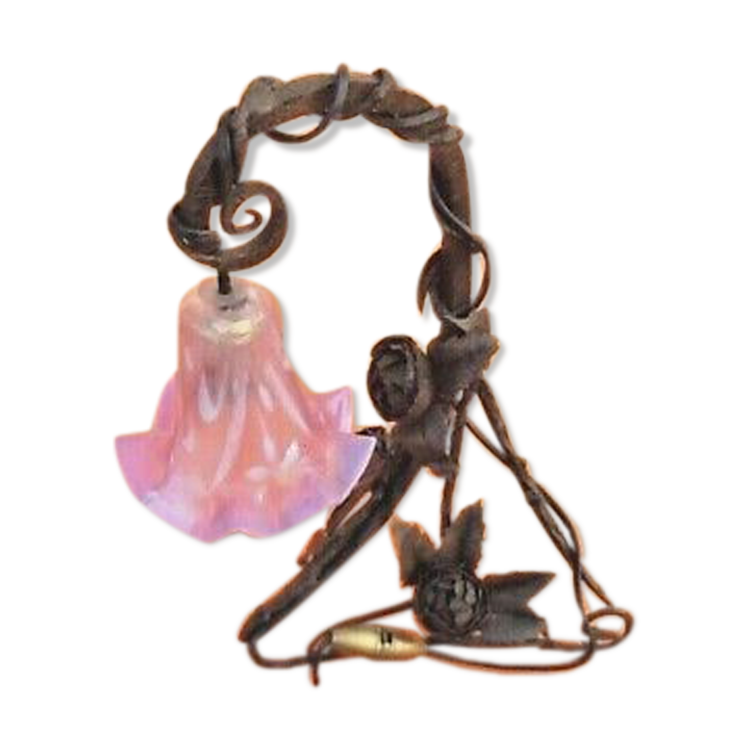 Art nouveau era wrought iron lamp tripod foot, decor foliage and roses