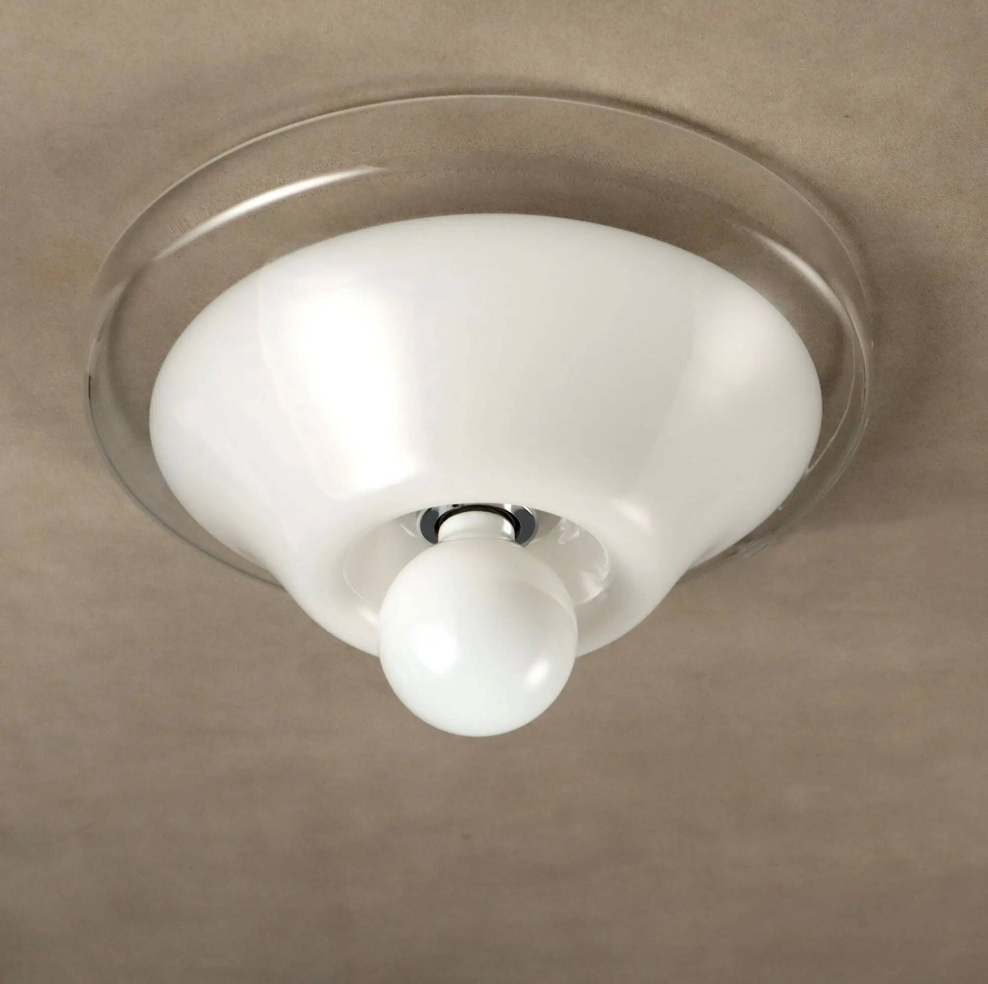 Vintage ceiling light in white and clear glass, Italian design from the 1970s.